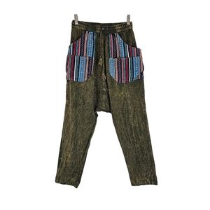 East Meets West Stone Wash Boho Harem Pants Green Yellow Size Medium Large